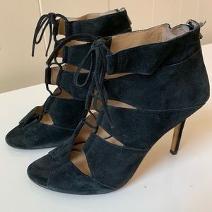 Ann Taylor Black Suede Lace Up Heels Sz 8.5